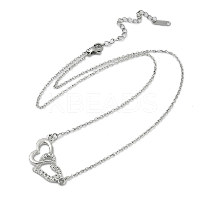 Brass Micro Pave Clear Cubic Zirconia Double Heart Pendant Necklaces LS-NJEW-K280-05P-1