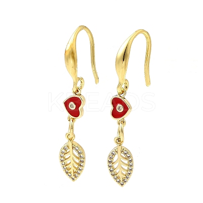 Leaf with Heart Brass Micro Pave Clear Cubic Zirconia Dangle Earrings EJEW-C155-01G-1