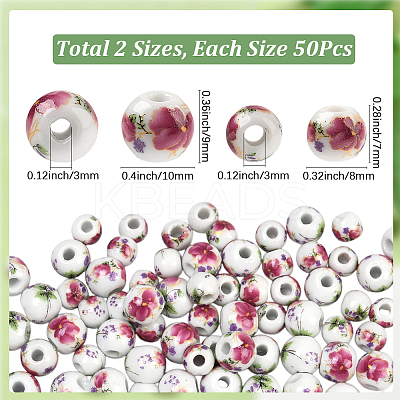100Pcs 2 Styles Floral Printed Porcelain Beads PORC-SP0001-07-1