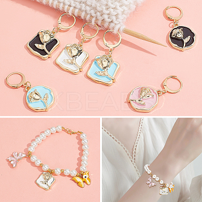 Alloy Enamel Flat Round/Square with Rose Pendant Locking Stitch Markers HJEW-AB00004-1