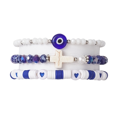 3Pcs Religion Polymer Clay & Glass & Synthetic Turquoise Beaded Stretch Bracelets Kit BJEW-JB10675-02-1