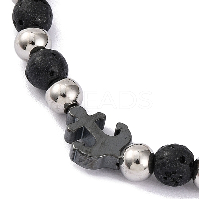 Natural Lava Rock & Synthetic Magnetic Hematite Anchor Beaded Bracelet BJEW-P339-01P-06-1