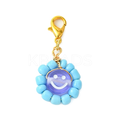 Flat Round with Smiling Face Glass Seed Pendant Decorations HJEW-MZ00092-1