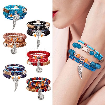 5Pcs 5 Style Wood & Glass Seed & Acrylic Beaded Stretch Bracelets Set with Baseball JB709C-1