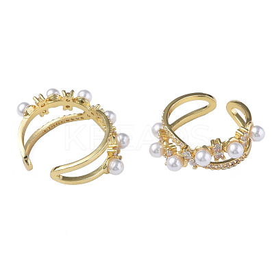 Cubic Zirconia Infinity Open Cuff Ring with Imitation Pearl RJEW-N035-132-1