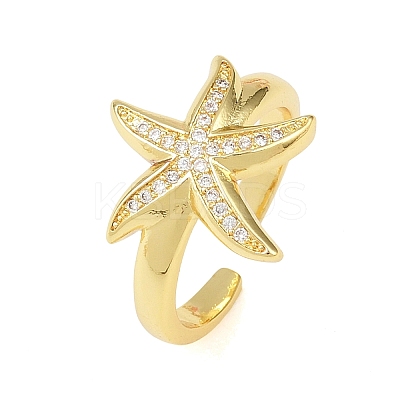 Starfish Brass Micro Pave Clear Cubic Zirconia Cuff Rings for Women RJEW-A088-08A-G-1