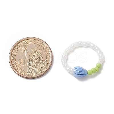 Flower Bud Synthetic Coral & Glass Seed Beaded Stretch Ring for Women RJEW-JR00557-1