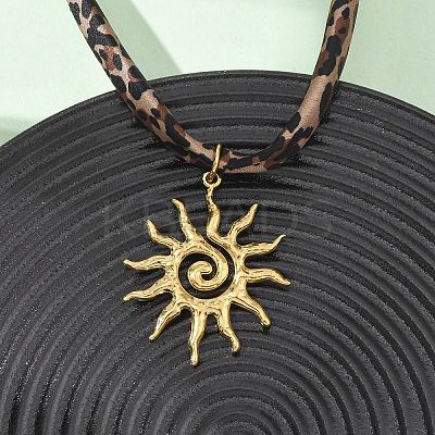 304 Stainless Steel Sun Pendant Leopard Print Polyester Cord Necklaces for Women NJEW-D340-04G-1