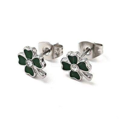 Enamel Clover with Crystal Rhinestone Stud Earrings with 316 Surgical Stainless Steel Pins EJEW-A081-12P-02-1
