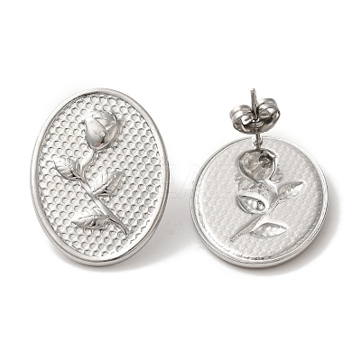 304 Stainless Steel Oval with Flower Stud Earrings EJEW-C114-26P-1