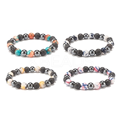 Gemstone & Lava Rock & Synthetic Hematite Round Beaded Stretch Bracelet BJEW-JB07972-1
