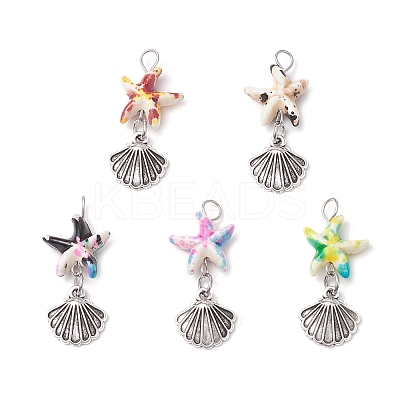 Starfish/Sea Stars Dyed Synthetic Turquoise & Alloy Shell Shape Pendants PALLOY-JF03957-02-1