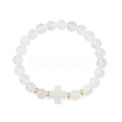 Natural Quartz Crystal Cross Round Beaded Stretch Bracelets for Men Women BJEW-JB12258-04-1