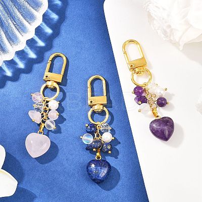 3Pcs Natural Lapis Lazuli & Rose Quartz & Amethyst Heart Pendant Decorations HJEW-JM04150-1