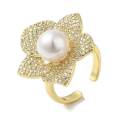 Rack Plating Brass Micro Pave Cubic Zirconia Flower Open Cuff Rings RJEW-P110-03G-1