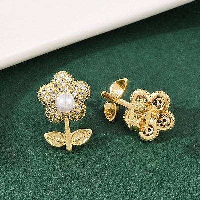 Brass Micro Pave Clear Cubic Zirconia Flower Stud Earrings EJEW-L275-11G-1