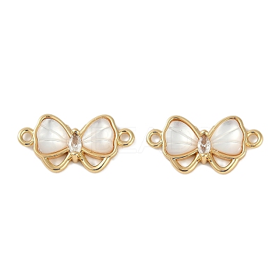 Brass Clear Cubic Zirconia Pave Natural Shell Bowknot Connector Charms KK-P283-06G-1