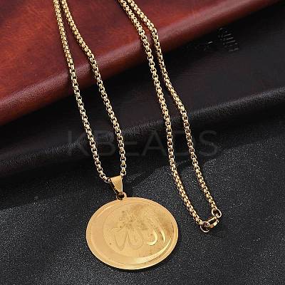 201 Stainless Steel Flat Round with Arabic Pendant Box Chain Necklaces for Women Men NJEW-R013-03G-1
