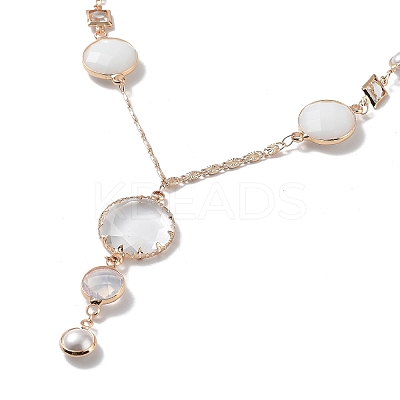 Glass Flat Round Lariat Necklace with Brass Chains NJEW-A015-16KCG-1