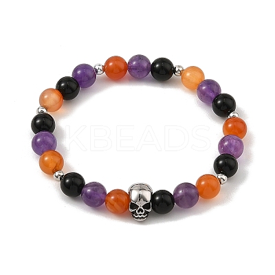 Halloween Natural Black Onyx(Dyed & Heated) & Amethyst & Carnelian Round Beaded Stretch Bracelets for Women BJEW-TA00767-1