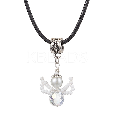Glass Seed Beads & Glass Pearl Angel Pendant Necklaces NJEW-MZ00056-1