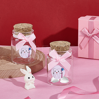 2Pcs Column Transparent Glass Baby Girl Teeth Empty Cork Bottles with Bowknot and Plastic Tooth Picture Stickers AJEW-NB00015-1