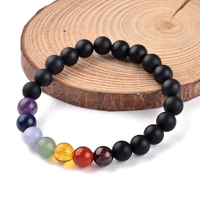 Chakra Natural Dyed & Heated Black Agate Beaded Stretch Bracelets X-BJEW-JB02225-02-1