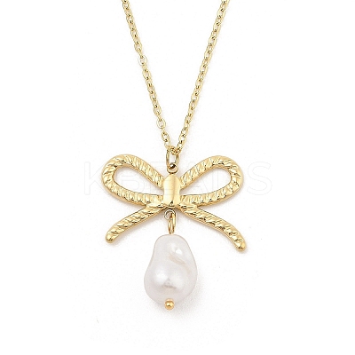 304 Stainless Steel & Plastic Pearl Bowknot Pendant Cable Chain Necklaces NJEW-H044-09G-1