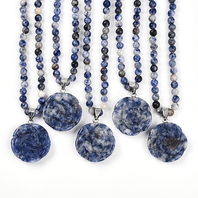 Natural Blue Spot Jasper 4.5mm Round Beaded Flower Pendant Necklaces NJEW-T016-04D-1
