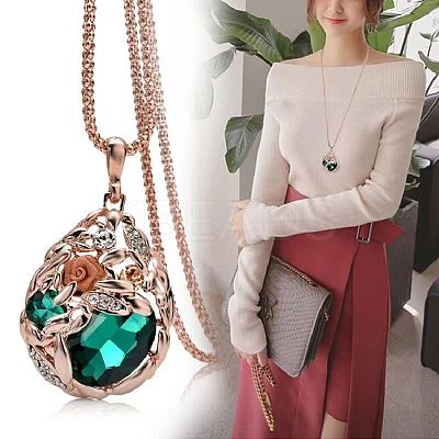 Flower Teardrop Alloy Rhinestone Pendant Necklaces for Women FS-WG2D28B-01-1