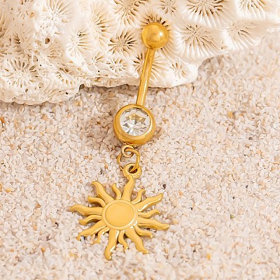 304 Stainless Steel Crystal Rhinestone Carved Barbell Dangle Belly Rings LS-STAS-C147-18A-G-1