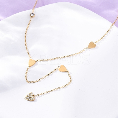 304 Stainless Steel Crystal Rhinestone Heart Lariat Necklaces NJEW-R026-10G-1