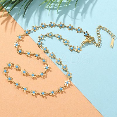 Bohemian 304 Stainless Steel Enamel Deep Sky Blue Flower Link Chain Necklaces for Women NJEW-Z061-01G-1