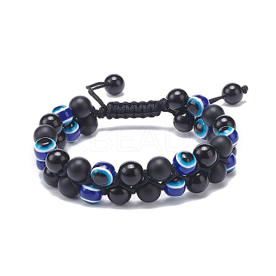Natural Black Agate(Dyed) & Eyeless Obsidian & Resin Evil Eye Braided Bead Bracelet BJEW-JB08840-03-1