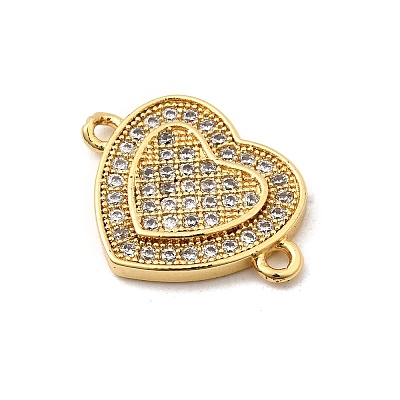 Brass Micro Pave Clear Cubic Zirconia Heart Connector Charms KK-I360-013G-01-1