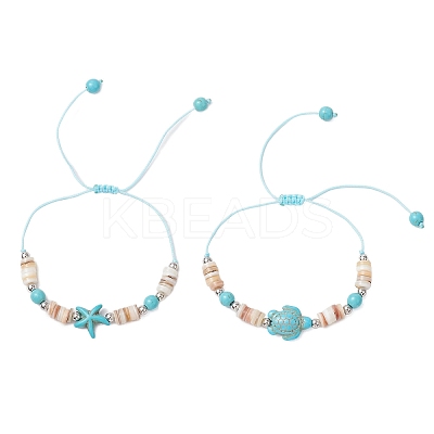 2Pcs Starfish and Turtle Synthetic Turquoise Beads Braided Bead Bracelets BJEW-JB11883-1