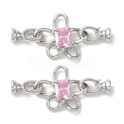 Rack Plating Brass Pave Pink Glass Fold Over Clasps KK-E084-35P-1