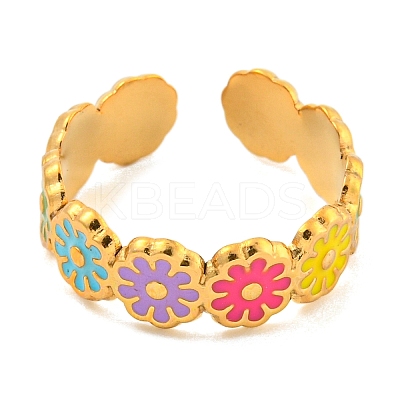 Daisy 304 Stainless Steel Enamel Open Cuff Ring for Women RJEW-Z041-02G-01-1