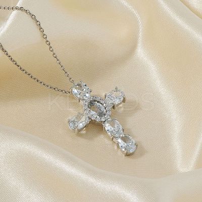 Brass Pave Cubic Zirconia Religion Cross Pendant Necklaces CU6638-3-1