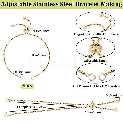 5Pcs Adjustable 304 Stainless Steel Box Chain Link Bracelet Making STAS-BBC0004-82B-1