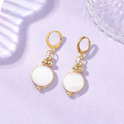 Flat Round Natural White Shell & Brass Leverback Earrings EJEW-JE06897-1