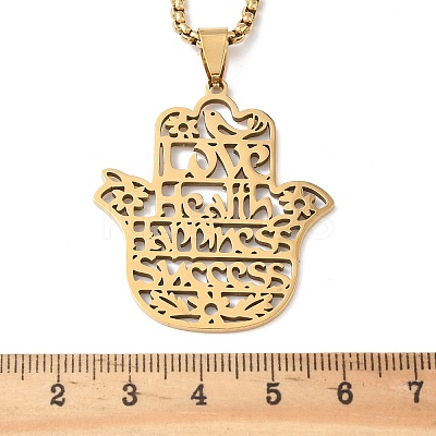 201 Stainless Steel Hollow Cut Hamsa Hand Pendant Necklaces NJEW-H065-07G-1