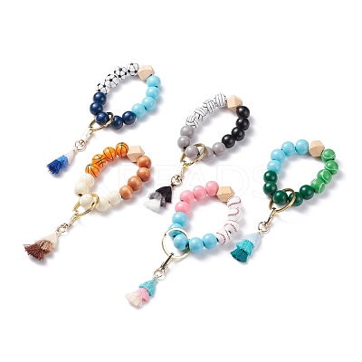 Round & Polygon Natural Wood Beads Stretch Bracelets Keychains KEYC-JKC00318-1