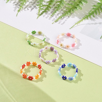 Glass Beaded Flower Wrap Stretch Finger Ring for Women RJEW-MZ00002-1