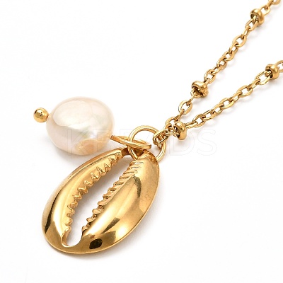 Cowrie Shell & Natural Pearl Pendant Necklace for Teen Girl Women NJEW-JN03717-02-1