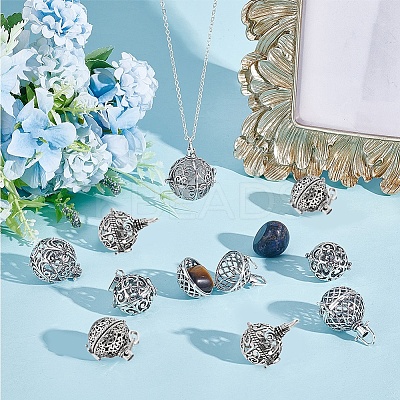 10Pcs 5 Styles Round Brass Hollow Cage Pendants KK-SC0003-07-1
