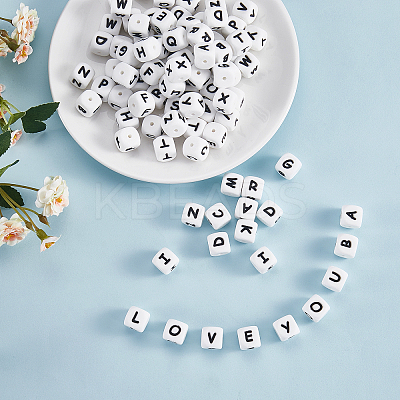 20Pcs White Cube Letter Silicone Beads 12x12x12mm Square Dice Alphabet Beads with 2mm Hole Spacer Loose Letter Beads for Bracelet Necklace Jewelry Making JX432S-1