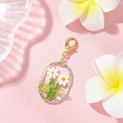 Oval with Flower Glass Seed Bead & Lampwork & Alloy Pendant Decoraitons HJEW-MZ00351-04-1