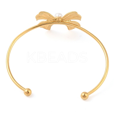 Bowknot 304 Stainless Steel Pave Shell Pearl Open Cuff Torque Bangles for Women BJEW-Z070-03G-1
