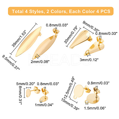 32Pcs 8 Style 304 Stainless Steel Stud Earring Findings STAS-DC0002-46-1